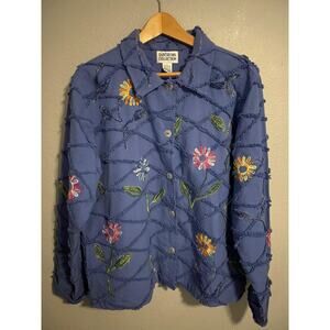 Tantrums Collection Shirt Womens Large Blue Floral Embroidered Textured Cotton